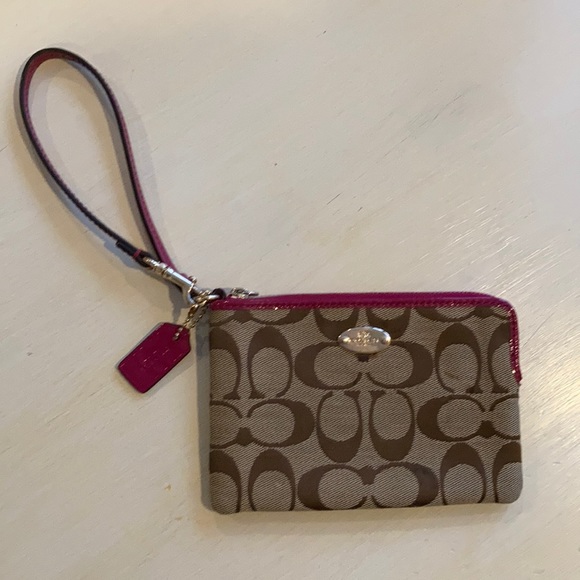 Coach wristlet, brown and pink trim - Picture 1 of 4